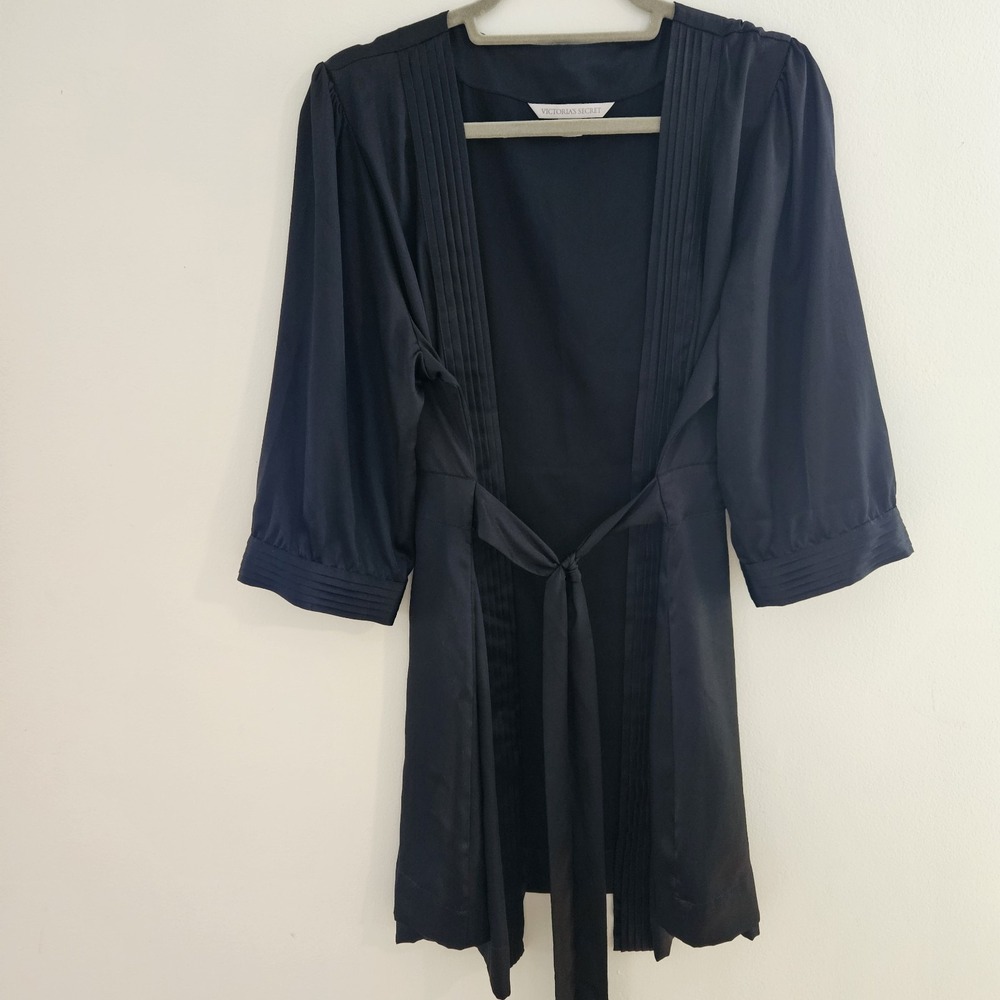 Y2K Victoria's Secret Robe Womens Large Black Satin Tie Belt 3/4 Sleeve Pleated‎